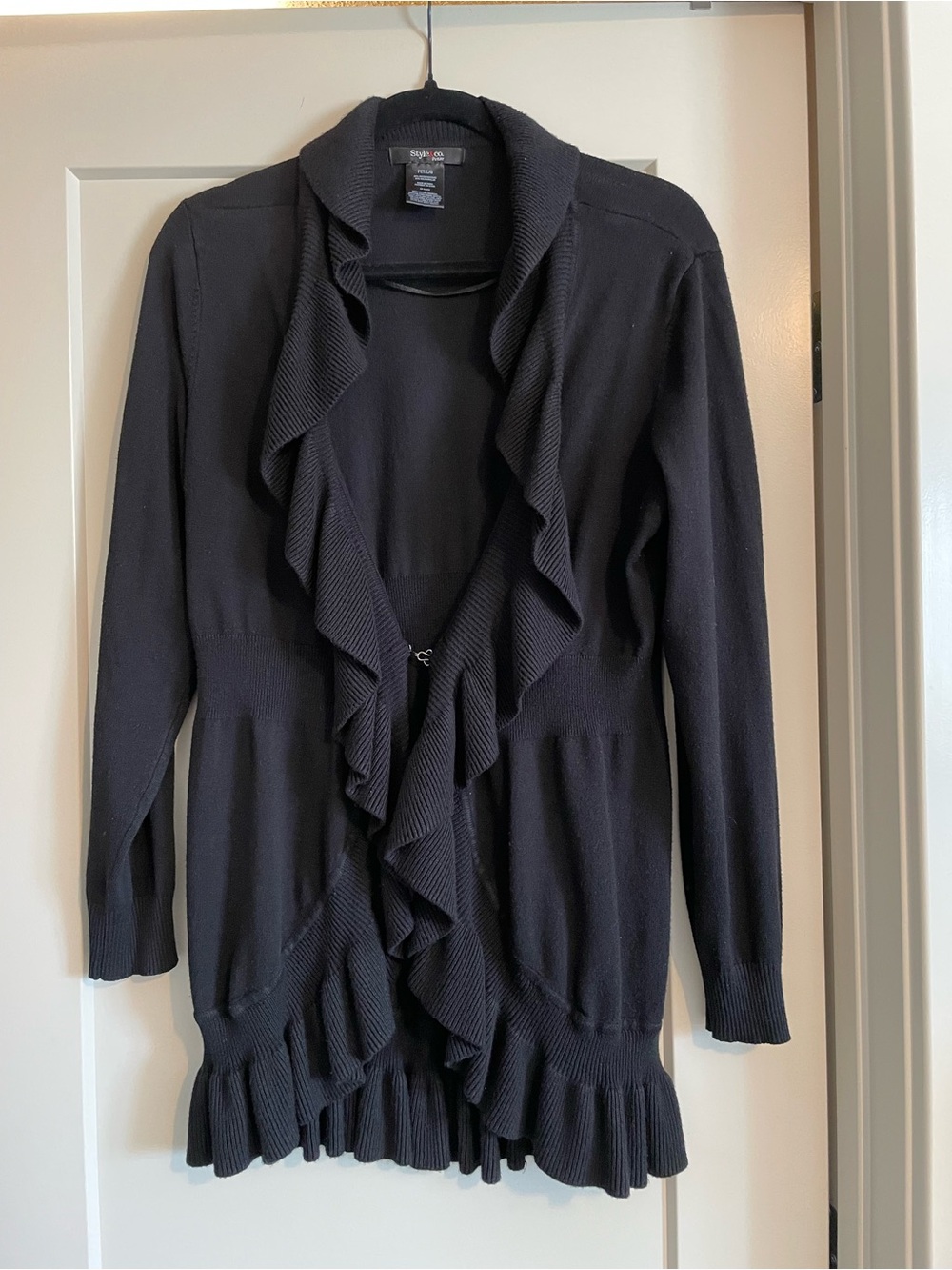Style & Co. Black Ruffle-Front Open Cardigan
